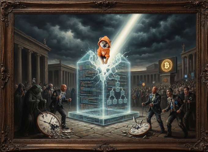 A digital painting in an ornate frame depicting a Shiba Inu dog in a hoodie inside a holographic glass cube surrounded by a blockchain tree, with figures holding broken clocks and a Bitcoin logo in the sky.