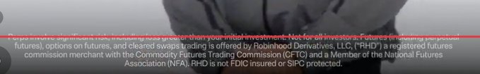 A regulatory disclaimer stating that futures, options on futures, and cleared swaps are offered by Robinhood Derivatives, LLC ('RHD'), a registered futures commission merchant with the NFA, and are not FDIC or SIPC protected.