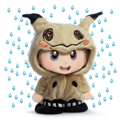 A plush toy figure wearing a Mimikyu (Pokémon) costume, set against a white background with illustrated blue raindrops.