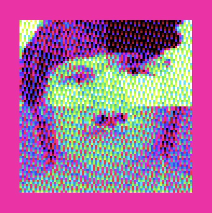 A heavily pixelated, glitch-art style portrait with vibrant neon colors (pink, yellow, blue, red) depicting a face against a hot pink background.