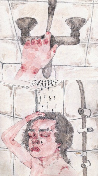 A watercolor illustration depicts a person standing under a showerhead, turning a valve handle while water sprays down upon their head and body, with their skin and face marked by red blemishes and cuts resembling knife wounds. The artwork, shared by @thisistolo, visually represents the "pressurized knife" shower referenced in the auction post.