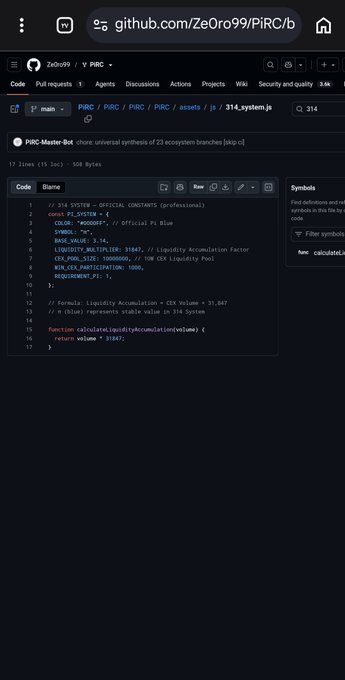 A screenshot of a GitHub repository (ZeOr0/99/PIRC) displaying code from `system.js` in the PIRC project, showing Pi System constants including PI_VALUE (3.14), LIQUIDITY_MULTIPLIER (31847), and a `calculateLiquidity` function returning a volume of 31847. The code snippet relates to the post's announcement of "PiRC-207 v2," illustrating the technical Pi cryptocurrency parameters being discussed for the new system organization.