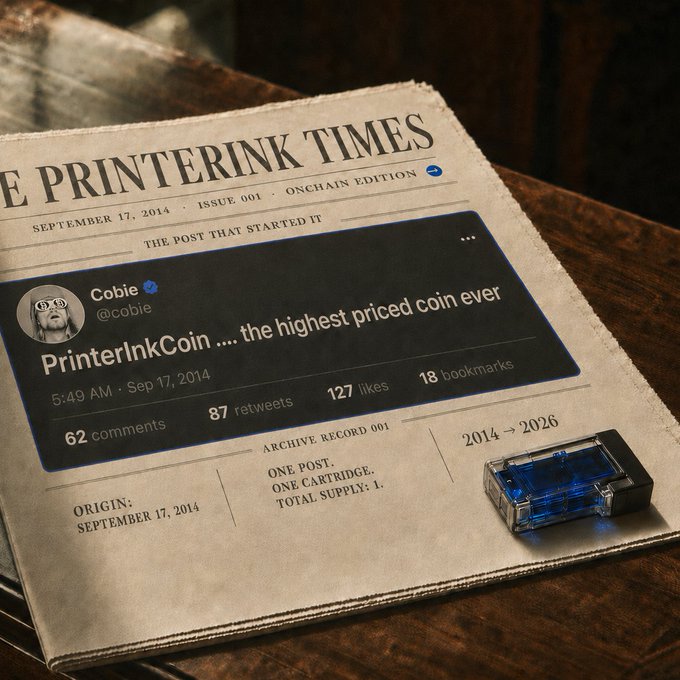 A stylized newspaper called "THE PRINTERINK TIMES" (September 17, 2014, Issue 001, Onchain Edition) commemorating the original tweet by @cobie about "PrinterInkCoin ... the highest priced coin ever," featuring a physical ink cartridge with "2014 → 2026" and "Total Supply: 1."