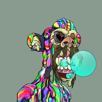 A psychedelic, multicolored illustration of a monkey blowing a teal bubblegum bubble.