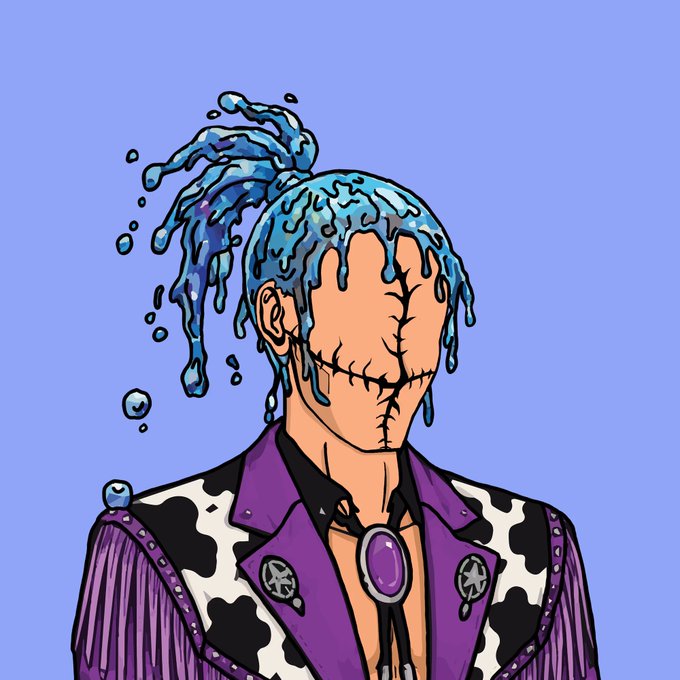 An illustrated character with an orange stitched face and dripping blue hair/headpiece wears a purple jacket with cow-print lapels and a bolo tie against a blue background.