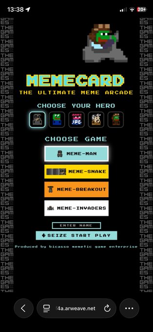 A mobile screenshot of 'MEMECARD THE ULTIMATE MEME ARCADE' showing character selection and game options like 'MEME-MAN,' 'MEME-SNAKE,' and 'MEME-BREAKOUT.'