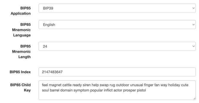 A BIP85 configuration form showing settings for Application (BIP39), Mnemonic Language (English), Mnemonic Length (24), BIP85 Index (2147483647), and a generated child key with 24-word mnemonic phrase.