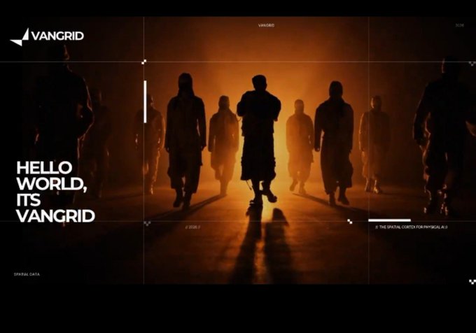 A dark promotional graphic for VANGRID displays silhouetted figures walking through orange-lit fog with the text 'HELLO WORLD, ITS VANGRID' on the left side.