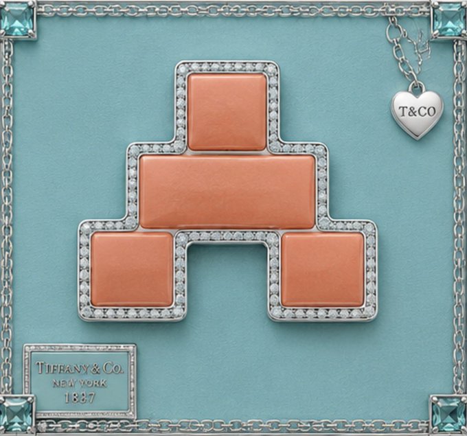 A luxury Tiffany & Co. pendant featuring a Tetris-shaped design with orange coral inlays and diamond borders, displayed against the brand's signature blue background with a "T&CO" heart charm.