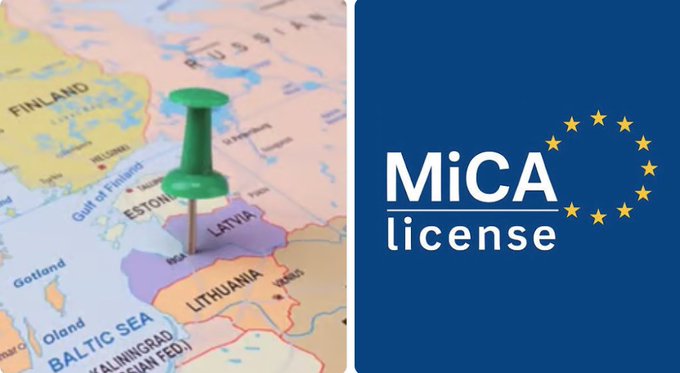The image features a green pushpin marking Estonia and Latvia on a Baltic map alongside the "MiCA license" text with EU stars, illustrating the post's announcement of Latvia's central bank issuing another MiCA crypto license, bringing the total to 12 licensed companies including Paybis and Backpack.