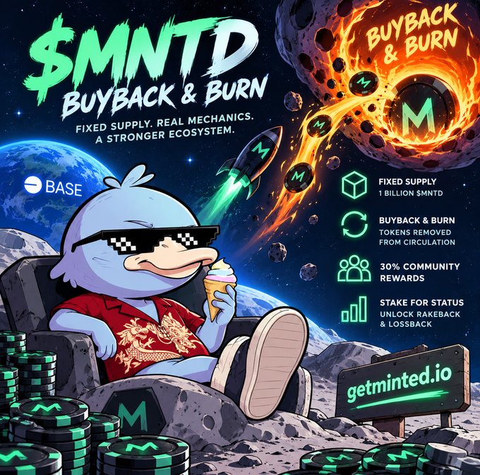 Cryptocurrency promotional graphic for "$MNTD BUYBACK & BURN" on the Base blockchain, featuring a cartoon duck in sunglasses holding ice cream, with text promoting fixed supply, community rewards, and the website getminted.io.