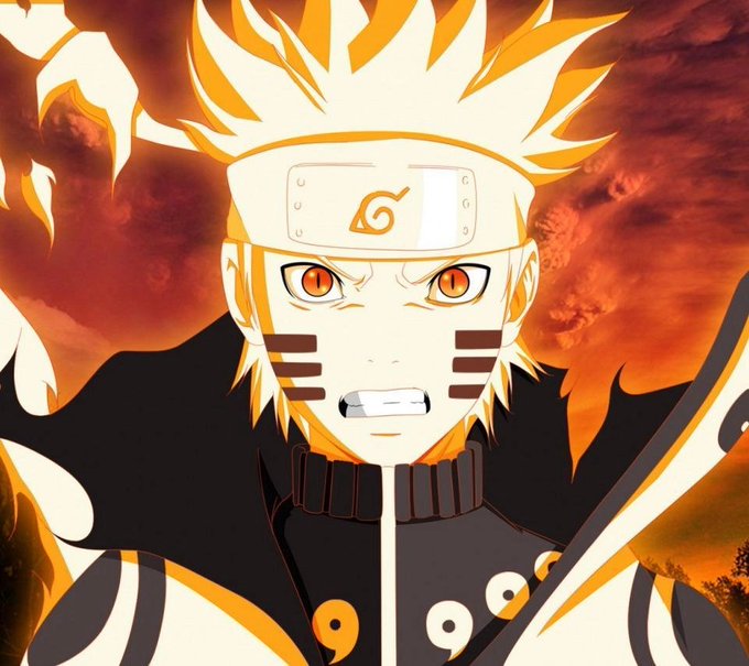 An anime illustration of Naruto Uzumaki in his Nine-Tails Chakra Mode with glowing orange eyes and a fiery aura.