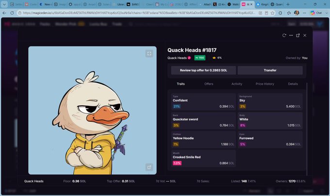 The image shows a Magic Eden NFT marketplace listing for "Quack Heads #1817," a cartoon duck character wearing a yellow hoodie and holding a purple sword, with a 21% Confidence trait, listed at 0.36 SOL and a 7d volume of 0 SOL. The listing details, including traits like "Quackster sword" and "Yellow Hoodie" and a top offer of 0.31 SOL, align with the post's description of the user joining the Quack Heads NFT community and making their first purchase as an investment.