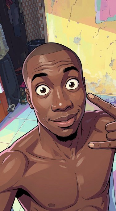 An animated-style portrait of a smiling shirtless Black man making a peace sign, with wide expressive eyes set against a colorful tiled room background.