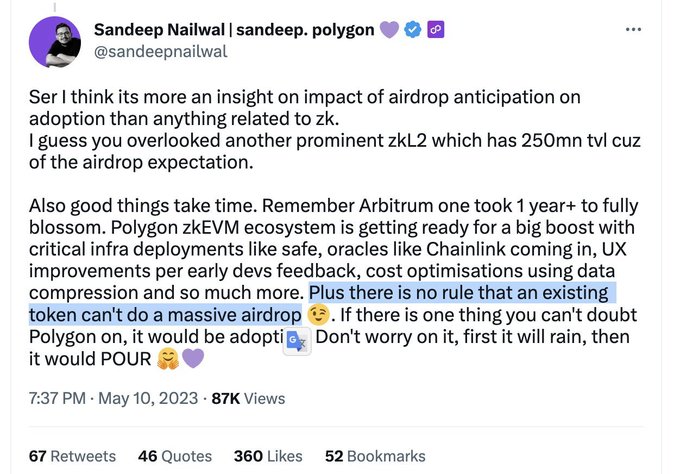 A screenshot of a tweet by Sandeep Nailwal (@sandeepnailwal) discussing the impact of airdrop anticipation on adoption and mentioning Polygon's zkEVM ecosystem.