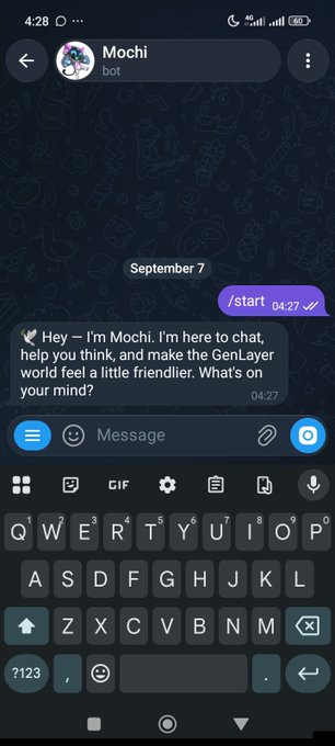 A screenshot of a Telegram chat with a bot named 'Mochi' displaying a greeting message: 'Hey - I'm Mochi. I'm here to chat, help you think, and make the GenLayer world feel a little friendlier. What's on your mind?'