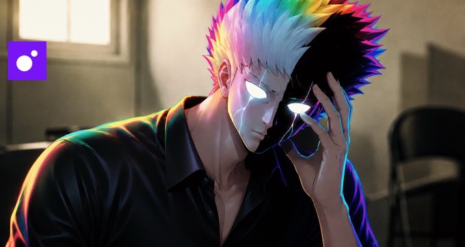 An anime-style illustration of a man with spiky rainbow-colored hair and glowing white eyes, wearing a black shirt and holding a phone to his ear, with a purple app icon in the corner.