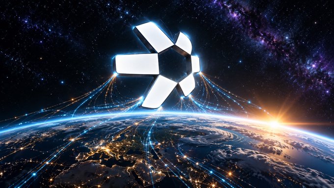 A 3D metallic logo floating above Earth with glowing data streams against a starry space background.
