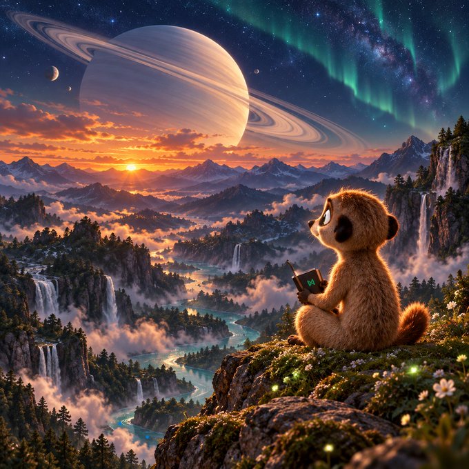 A fluffy brown creature resembling a coati sits on a cliffside holding a wallet displaying the "NEARKAT" logo, gazing at a breathtaking alien landscape featuring Saturn-like rings, auroras, waterfalls, and a sunset over misty mountains. The image metaphorically captures the project's $1M milestone and ambitious future, with the vast cosmic scene symbolizing the limitless potential ahead.