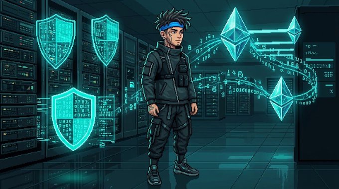 A digital illustration of a young man with dreadlocks and a blue headband standing in a server room, surrounded by glowing cyan shields and floating Ethereum cryptocurrency logos.