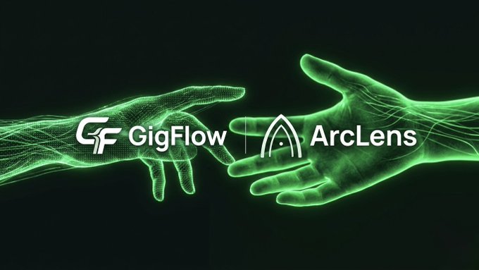 A digital graphic showing two glowing green hands reaching toward each other with 'GF GigFlow' and 'ArcLens' logos between them.