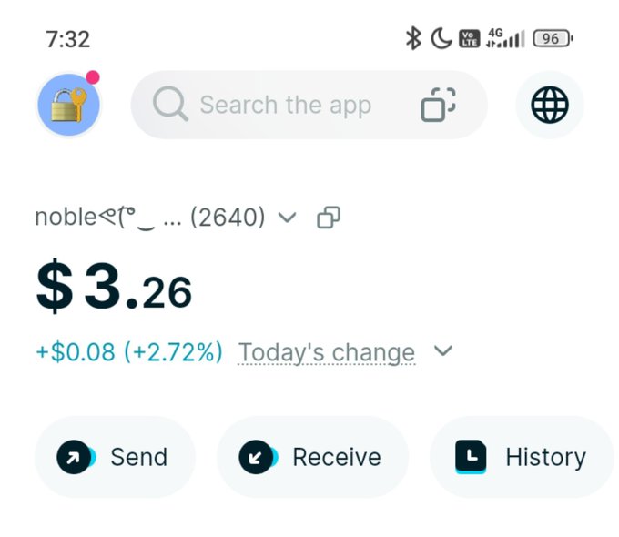 A screenshot of a crypto wallet app displaying a balance of $3.26 for the token "noble" (2640), with a positive daily change of +$0.08 (+2.72%) shown in green. The image humorously supports the post's boast about crypto gains by revealing a modest portfolio that's only up less than a dime on the day.