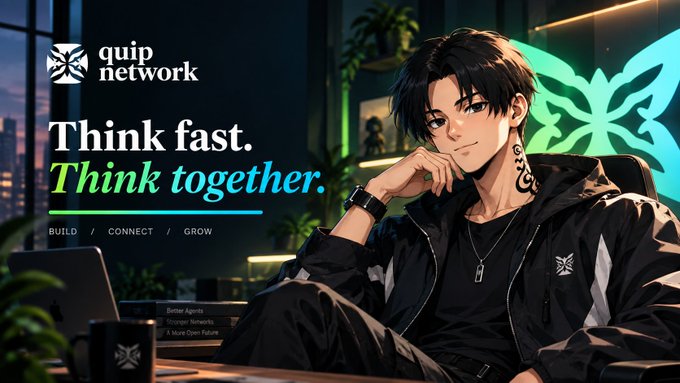 An anime-style promotional graphic for "quip network" features a dark-haired character with a confident pose, accompanied by the slogans "Think fast. Think together." and "BUILD / CONNECT / GROW".