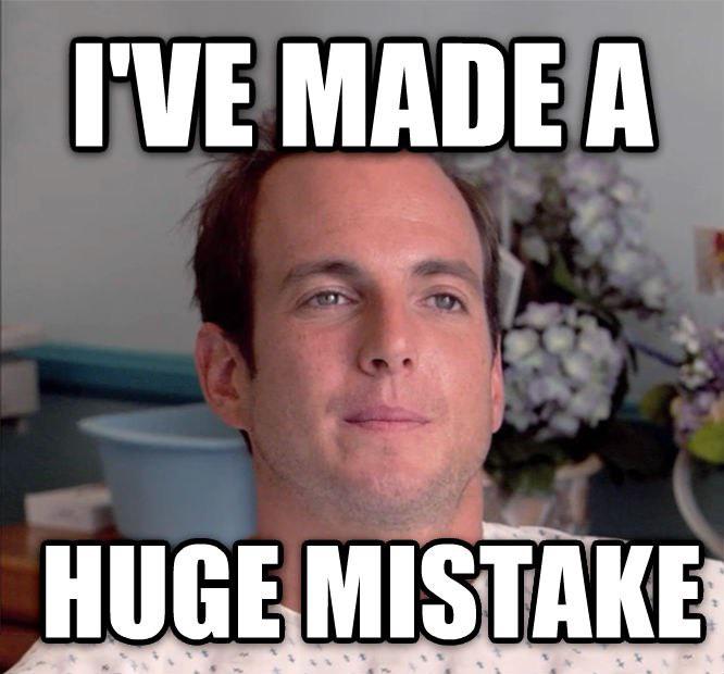 A close-up photo of a man in a hospital gown with a vacant expression is overlaid with the bold white text "I'VE MADE A HUGE MISTAKE." The image, featuring actor Todd Chrisom from Arrested Development's iconic facial expression of regret, humorously captures the post's sentiment about crypto enthusiasts who branded themselves around a hardfork that ultimately failed or was a scam, realizing too late that their investment choice was a disastrous decision.