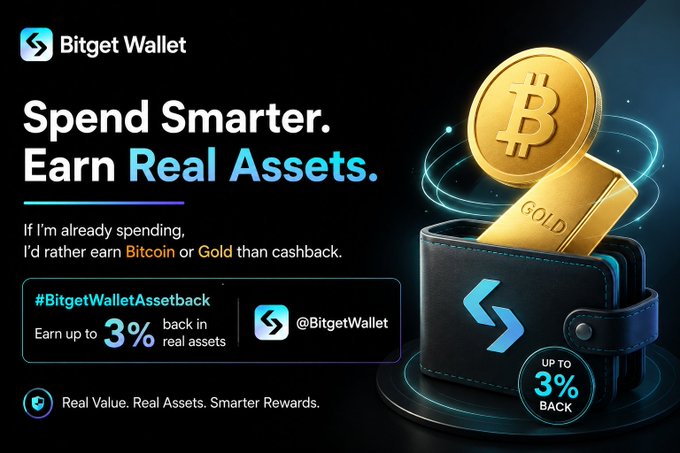 An advertisement for 'Bitget Wallet' promoting 'Spend Smarter. Earn Real Assets' with up to 3% back in Bitcoin or Gold, featuring a black wallet and Bitcoin/gold coins.