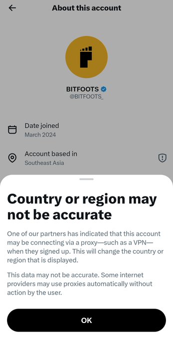 An X (Twitter) 'About this account' page for 'BITFOOTS_ @BITFOOT$_' showing it joined March 2024 and is based in Southeast Asia, with a warning that 'Country or region may not be accurate' due to proxy/VPN use.