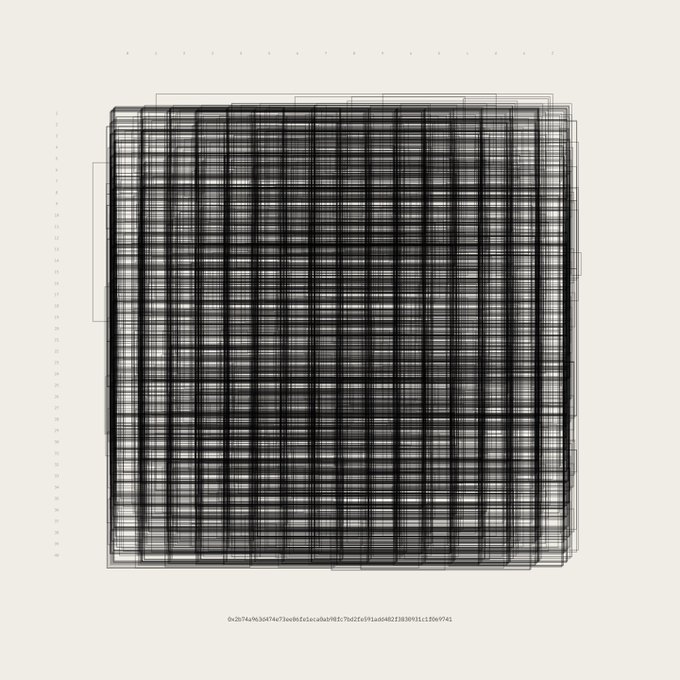 An intricate black-and-white geometric grid of overlapping horizontal and vertical lines creates a dense woven pattern, referencing "Autoglyphs" by 0xcb74a9630474e73aedcfe1ccaba98fc7bd2fe8f1aa6482f3389911c10869741, an on-chain generative art experiment on Ethereum. The dense linear composition visually reflects the algorithmic, pixel-based nature of blockchain generative art.