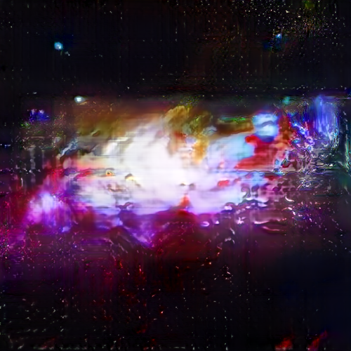 An abstract, dreamlike composition with vibrant purples, blues, and reds that appears to show a glowing light source through textured, rain-streaked glass.