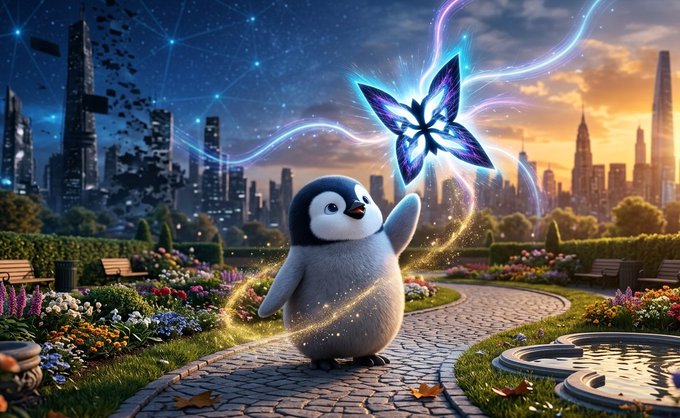 A digital illustration of a cute cartoon penguin on a garden path with a glowing butterfly, set against a futuristic cityscape transitioning from day to night.