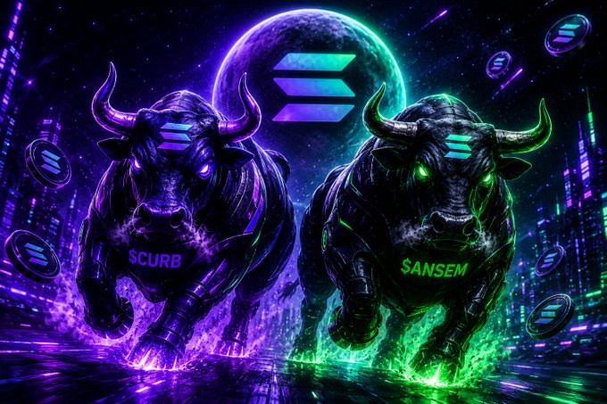 A vibrant digital artwork featuring two cybernetic bulls with 'SCURB' and 'SANSEM' labels, set against a purple and green cityscape with a large moon displaying a Solana logo.