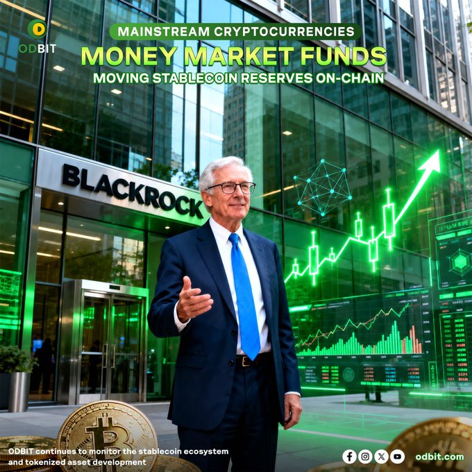 A businessman stands outside the BlackRock headquarters with green digital finance graphics overlaying the scene, alongside the headlines "MANUFACTURING – FULLY SYNC ECOMMERCE TO CRM & ERP" and a gold Bitcoin coin, illustrating BlackRock's expansion of tokenized money market funds as stablecoin reserves shift on-chain.
