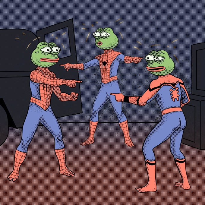 Three Pepe the Frog characters wearing Spider-Man costumes point fingers at each other in a circular "who's to blame" gesture inside a dimly lit room, humorously depicting the meme-worthy scene of three bulls left pointing at one another regarding $PEPE.