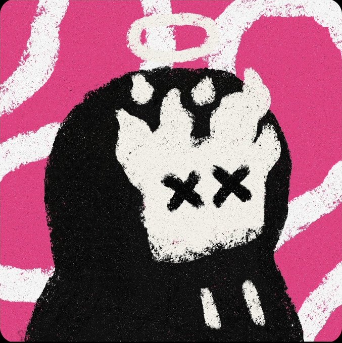A stylized graphic artwork featuring a black and white dog-like figure with 'X' eyes against a vibrant pink background with abstract white line patterns.