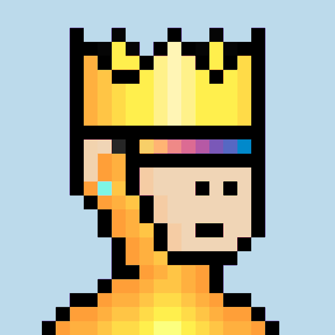 The image shows a pixel art profile picture featuring a golden monkey character wearing a crown with yellow spires, set against a light blue background. The figure has a simple face with two black dot eyes and a small mouth, fitting the "Golden Monke with Crown" description from the post by @internet_monkes and created by artist @gmhunterart.