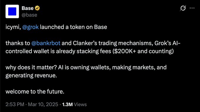 A tweet from Base (@base) announcing that Grok launched a token on Base, noting that thanks to @bankrbot and Clanker's trading mechanisms, Grok's AI-controlled wallet is stacking $200K+ in fees.