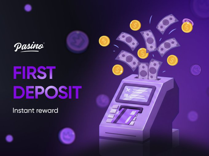 The image features a purple ATM machine with money falling out of it, creating an impression that the user has deposited money into their account. The text "First Deposit" is prominently displayed above the ATM, indicating that this is the first time someone has made a deposit using this particular machine. The ATM also offers a bonus feature where users can receive 5 dollars back for every bet they make on it. This feature encourages people to use the ATM more often and increases their chances of winning the reward.