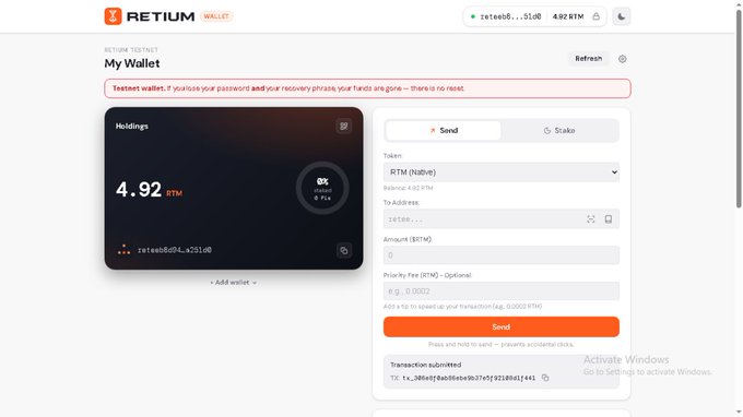 A desktop screenshot of the RETTIUM Wallet interface showing My Wallet holdings of 4.92 RTM with options to Send or Stake tokens via a transaction form.