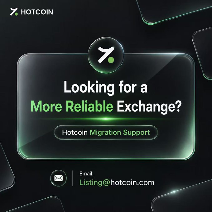 This promotional graphic from HOTCOIN features a sleek black design with green accents, displaying the headline "Looking for a More Reliable Exchange?" alongside a "Hotcoin Migration Support" button. Below, contact information is provided with the email Listing@hotcoin.com, encouraging cryptocurrency projects to consider migrating to their exchange for priority listing reviews, expedited technical integration, and customized support.