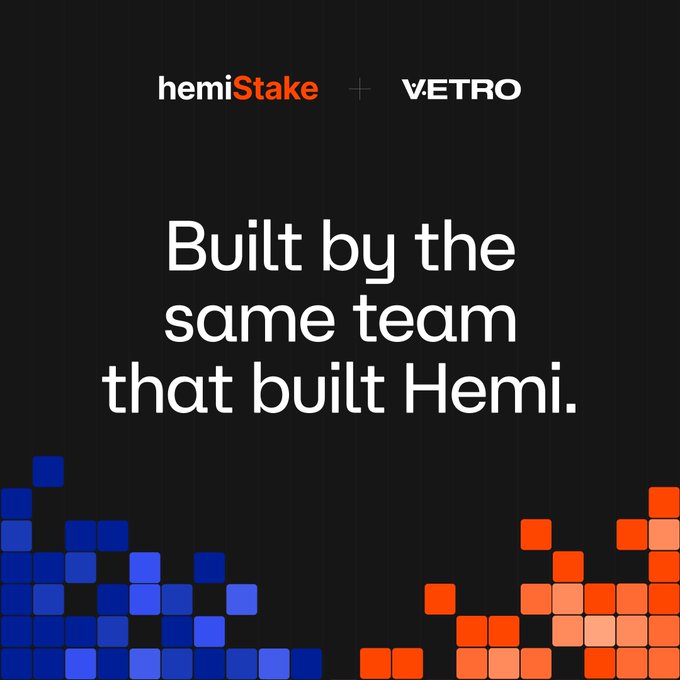 A black promotional graphic featuring the logos 'hemiStake' and 'VETRO' with the text 'Built by the same team that built Hemi.' and pixelated blue and red graphic elements at the bottom.