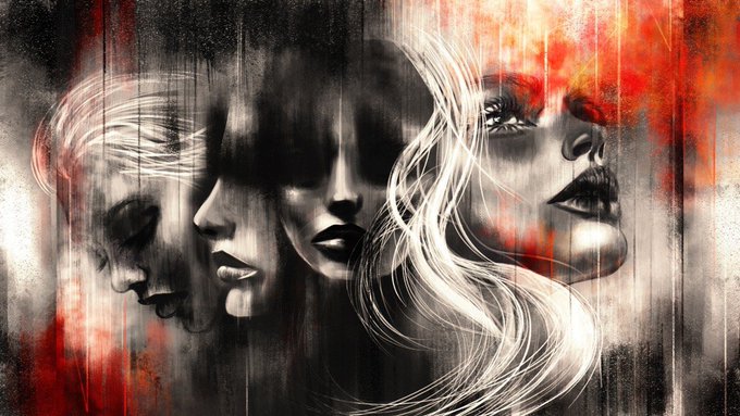 A dramatic monochrome-and-red graphic shows several women’s faces layered with paint-like streaks and flowing white hair.