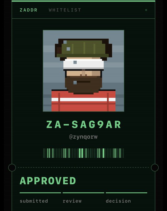 A digital approval card titled 'ZADDR WHITELIST' featuring a pixel-art character and reading 'ZA-SAG9AR @zynqorw' with an 'APPROVED' status.