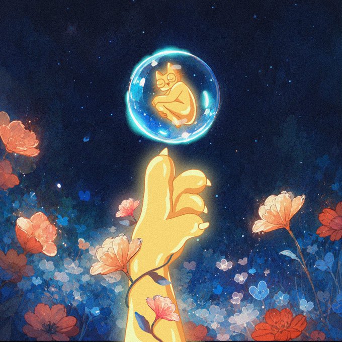 A glowing golden hand reaches upward through a field of flowers, balancing a delicate bubble containing a small curled-up cat, set against a starry night sky. The image metaphorically reflects the post's warning about market bottoms, illustrating how trying to "catch a falling knife" or buy cheap assets (represented by the fragile bubble) can be deceptively easy but risky—just as the precarious bubble appears stable yet could burst at any moment, regardless of the "golden dome defense" of conviction behind the trade.