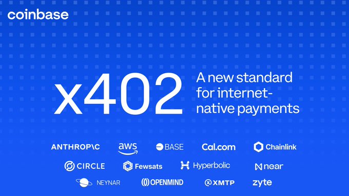 Coinbase promotional graphic featuring 'x402 - A new standard for internet-native payments' with partner logos including Anthropic, AWS, Base, Cal.com, Chainlink, Circle, Fewsats, Hyperbolic, NEAR, NEYNAR, OPENMIND, XMTP, and Zyte.