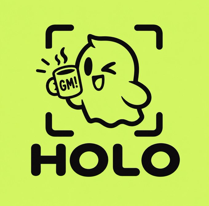 A neon green and black logo featuring a cartoon ghost winking and holding a coffee mug that says 'GM!', with the word 'HOLO' displayed prominently below within camera viewfinder brackets.