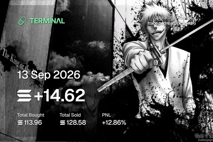 A trading dashboard titled 'TERMINAL' features a black-and-white manga-style character (Ichigo from Bleach) holding a sword, displaying stats dated '13 Sep 2026' with 'Total Bought: 113.96', 'Total Sold: 128.58', 'PNL: +12.86%', and the text 'The King of Crypto'.