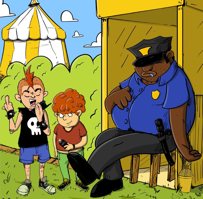 A cartoon-style image shows a large, sunglasses-wearing police officer relaxing on a stool beside a yellow structure, while two mischievous kids—one with a punk haircut and skull shirt, the other with curly red hair holding a spray can—stand nearby in front of a circus tent.

The image evokes the classic "naughty kids vs. lazy cop" cartoon trope, fitting the NFT mint's playful, rebellious, and mischievous vibe being promoted in the post.
